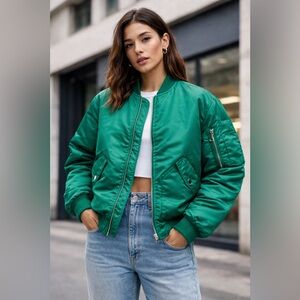 Miss Selfridge ruched sleeve bomber jacket bright green silver zipper size 4